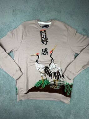 BLIND ROOSTER LARGE Asian Graphic Crane Quote Good Vibes Soft Sweatshirt NWT
